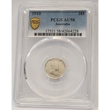 AUSTRALIA 1910 . THREEPENCE . PCGS AU58